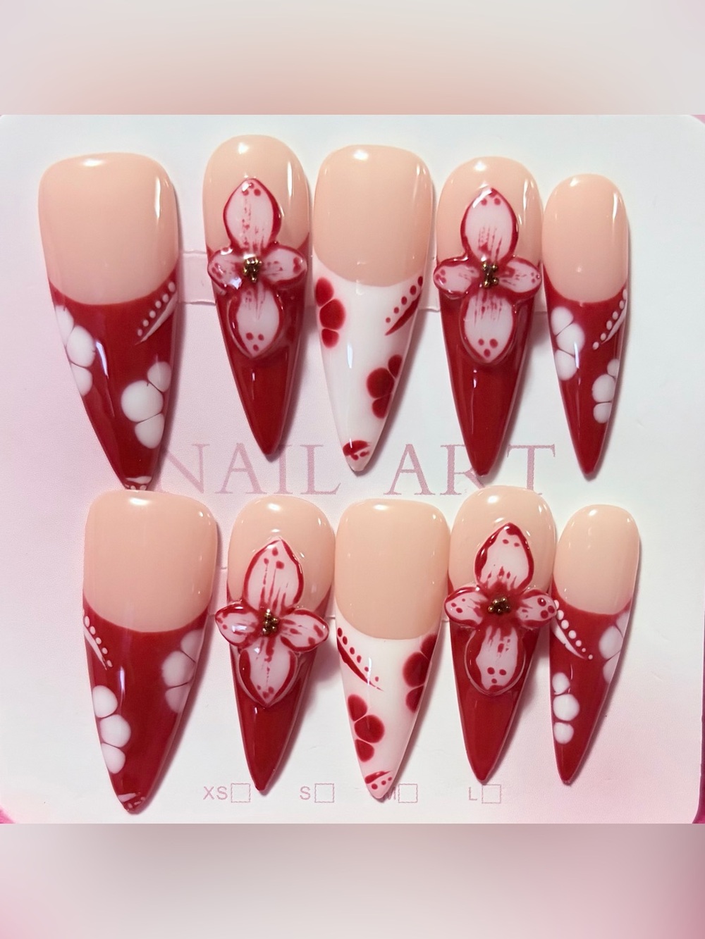 Red Floral Stiletto Nail Art Set by